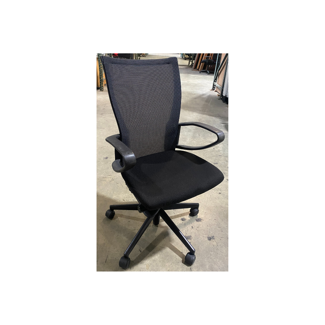 Ergonomic X99 task chair by Haworth featuring adjustable height, black frame, and smooth rolling casters