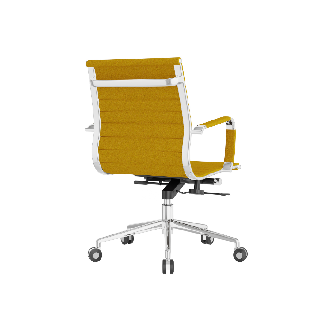 Modern upholstered desk chair in yellow fabric featuring adjustable controls and commercial grade construction