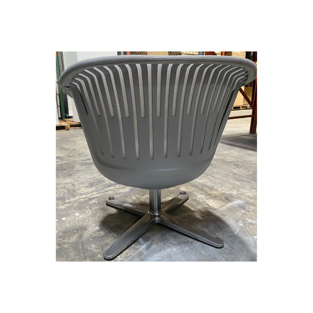 Gray collaborative lounge chair with wraparound shell and metal swivel base