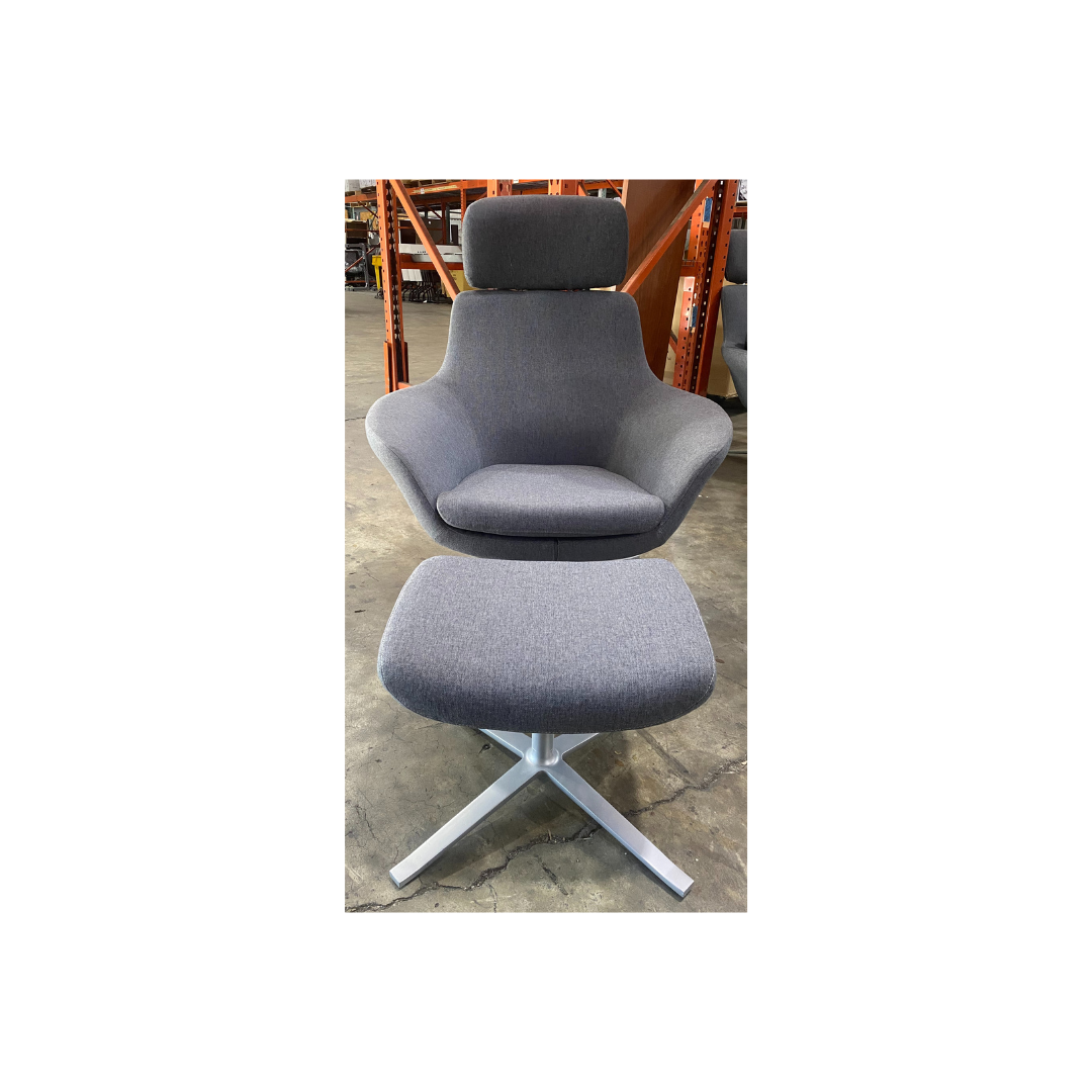 Gray Coalesse lounge chair with matching ottoman and matte aluminum base