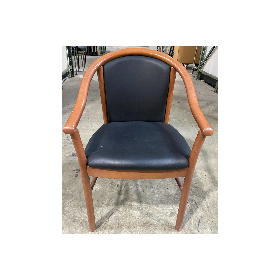 Steelcase Alcove G20 wood guest chair with curved wooden arms and navy upholstered seat and back