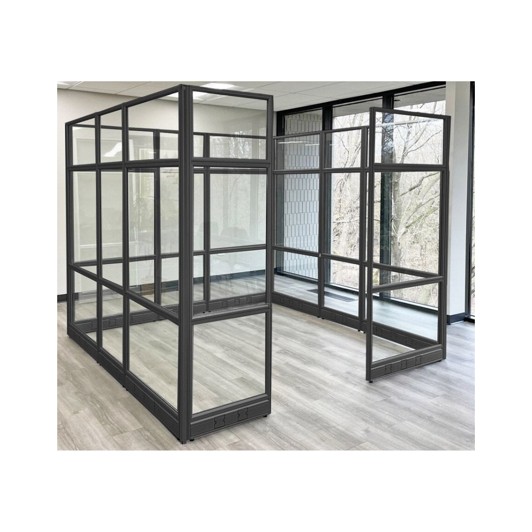 Glass office pod with black metal frame in modern workspace in Raleigh, NC