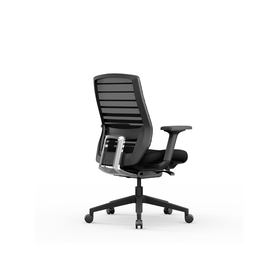 Scount ergonomic task chair available in black and gray with ratchet back and customizable ergonomic adjustments.