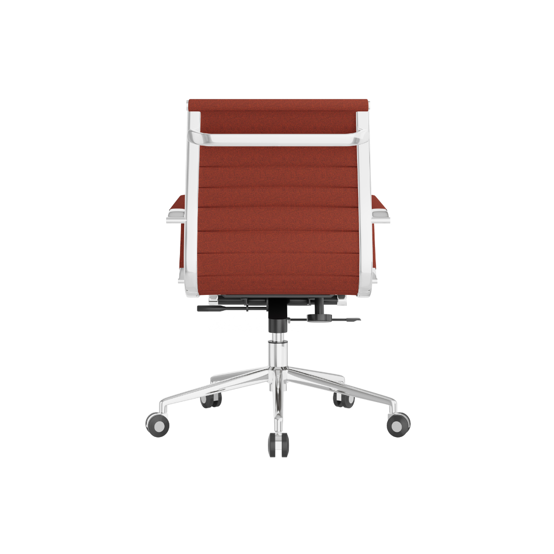 Eames inspired desk chair in warm rust fabric with adjustable features and sleek commercial office design