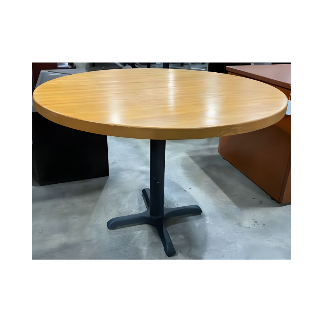 Round premium butcher block table with solid wood top and black X-base, available at Dynamic Office Services in Raleigh