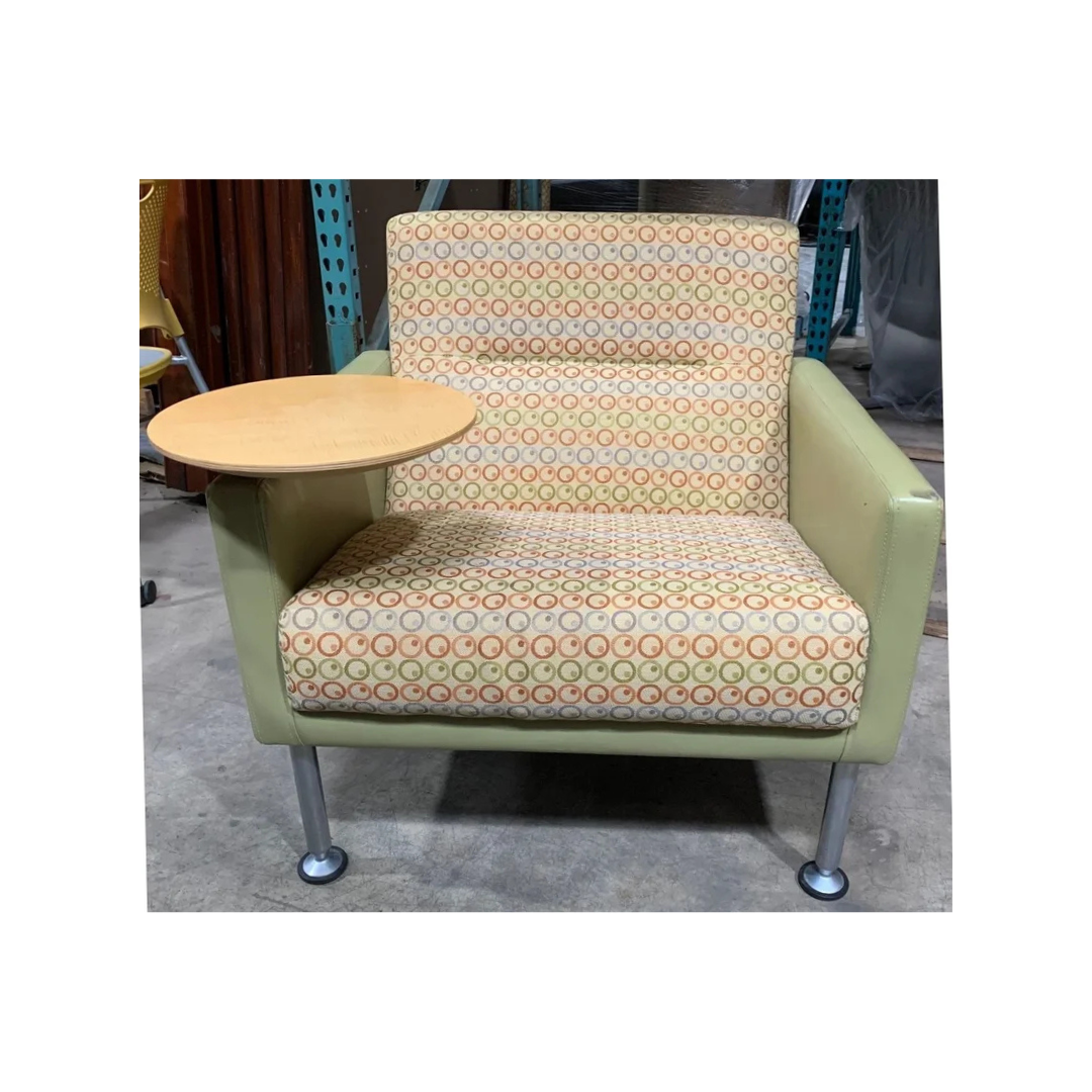 Front view of modern lounge chair with metal legs and glides