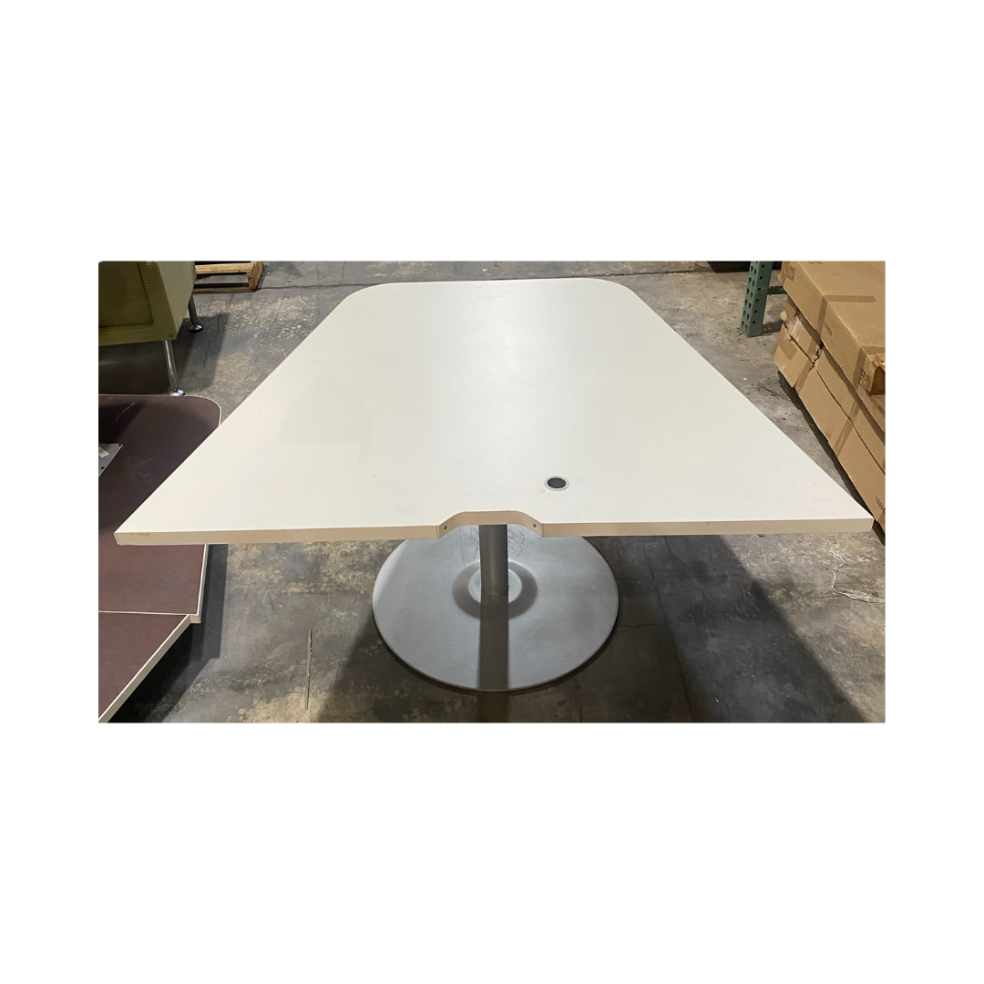 White A-Shape Table with a center cutout and grommet hole, supported by a round silver pedestal base