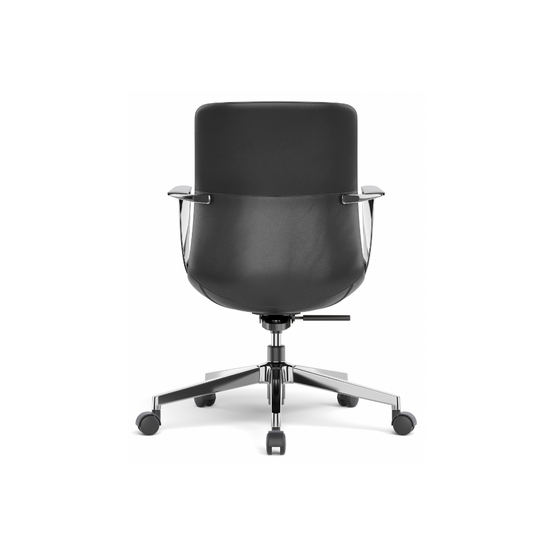 Back view of Borzoi black office chair with chrome base and casters