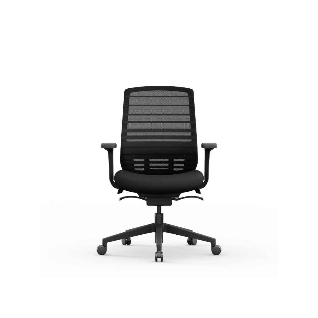 Scout ergonomic mesh office chair with black frame and black upholstered seat, featuring adjustable lumbar support and 3D arms.