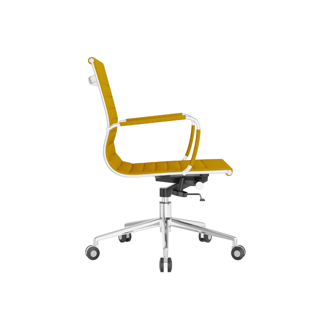 Contemporary yellow office chair with ergonomic support, premium fabric, upholstery, and polished aluminum frame
