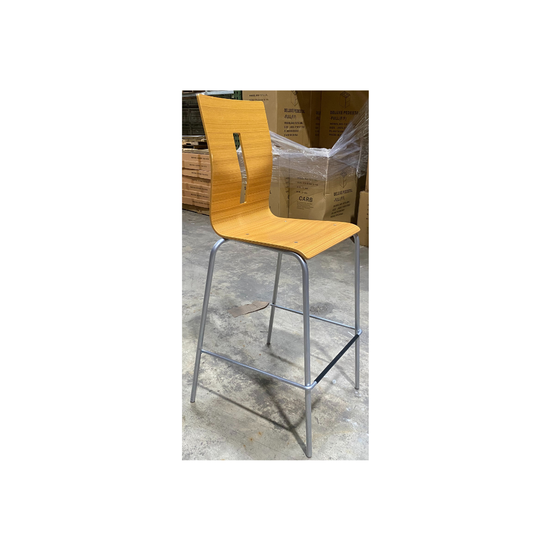 Allermuir Scoop Stool featuring a contoured plywood seat and minimalist steel frame, perfect for collaborative workspaces and hospitality settings across the Triangle area.