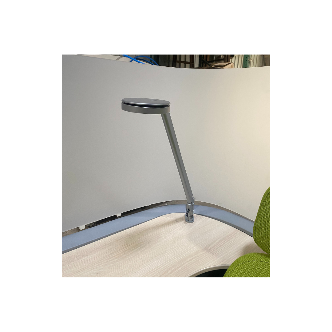 Mounted LED task light on Steelcase Brody Work Lounge with curved privacy screen, modern focused workstation available at Dynamic Office Services in Morrisville, NC