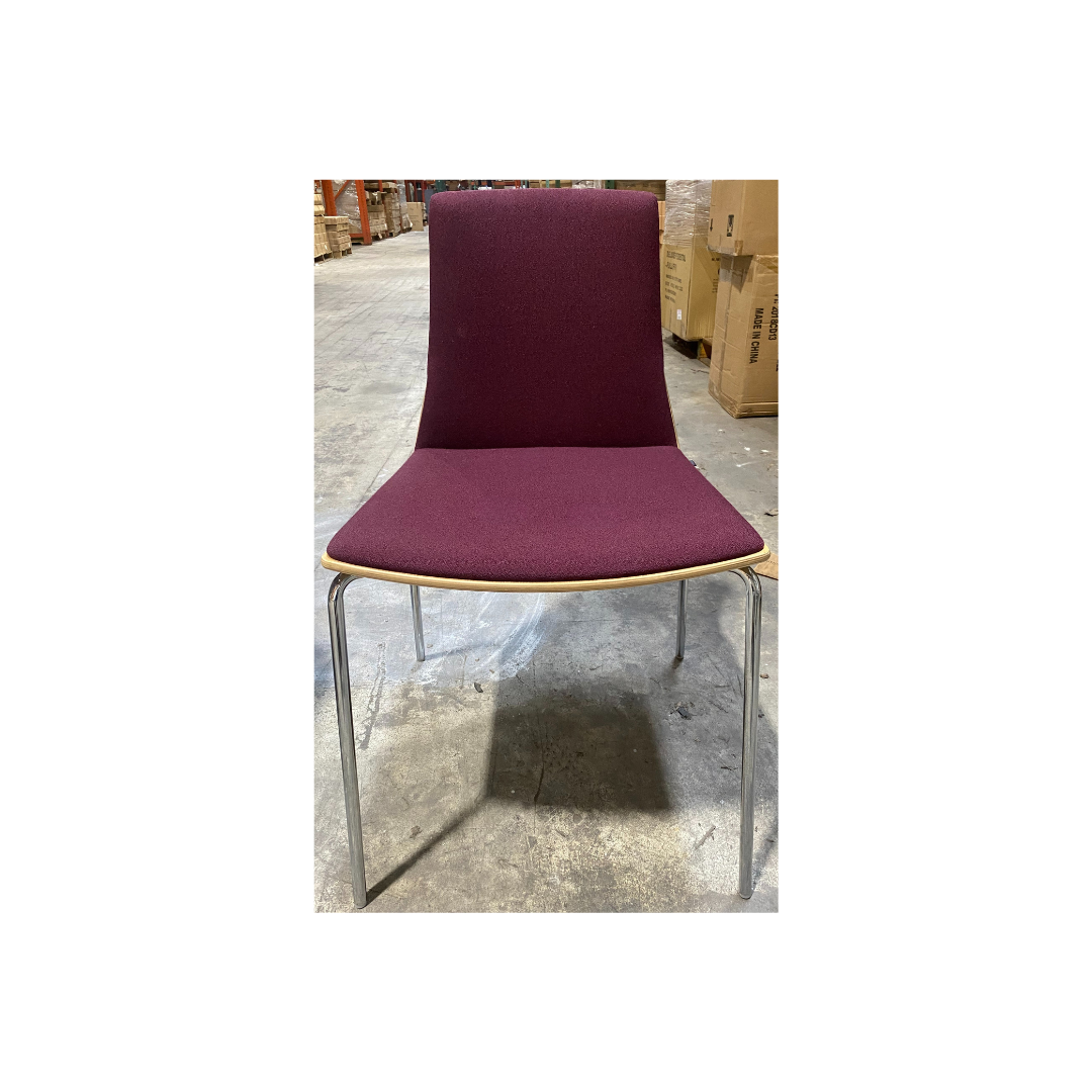 Scandinavian inspired stack chair with plum fabric seat and chrome legs
