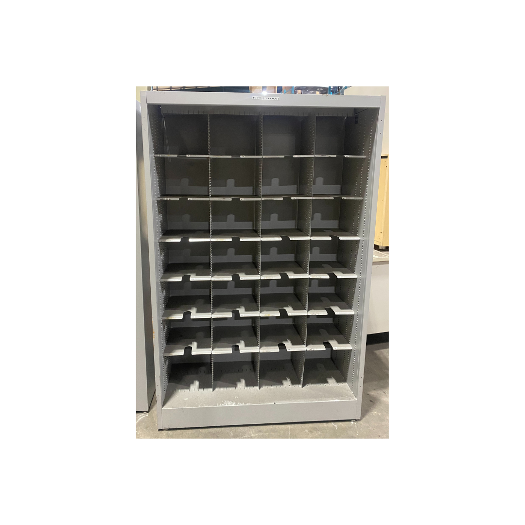 metal office mail sorter with multiple adjustable cubbies for organizing mail, folders, and documents.