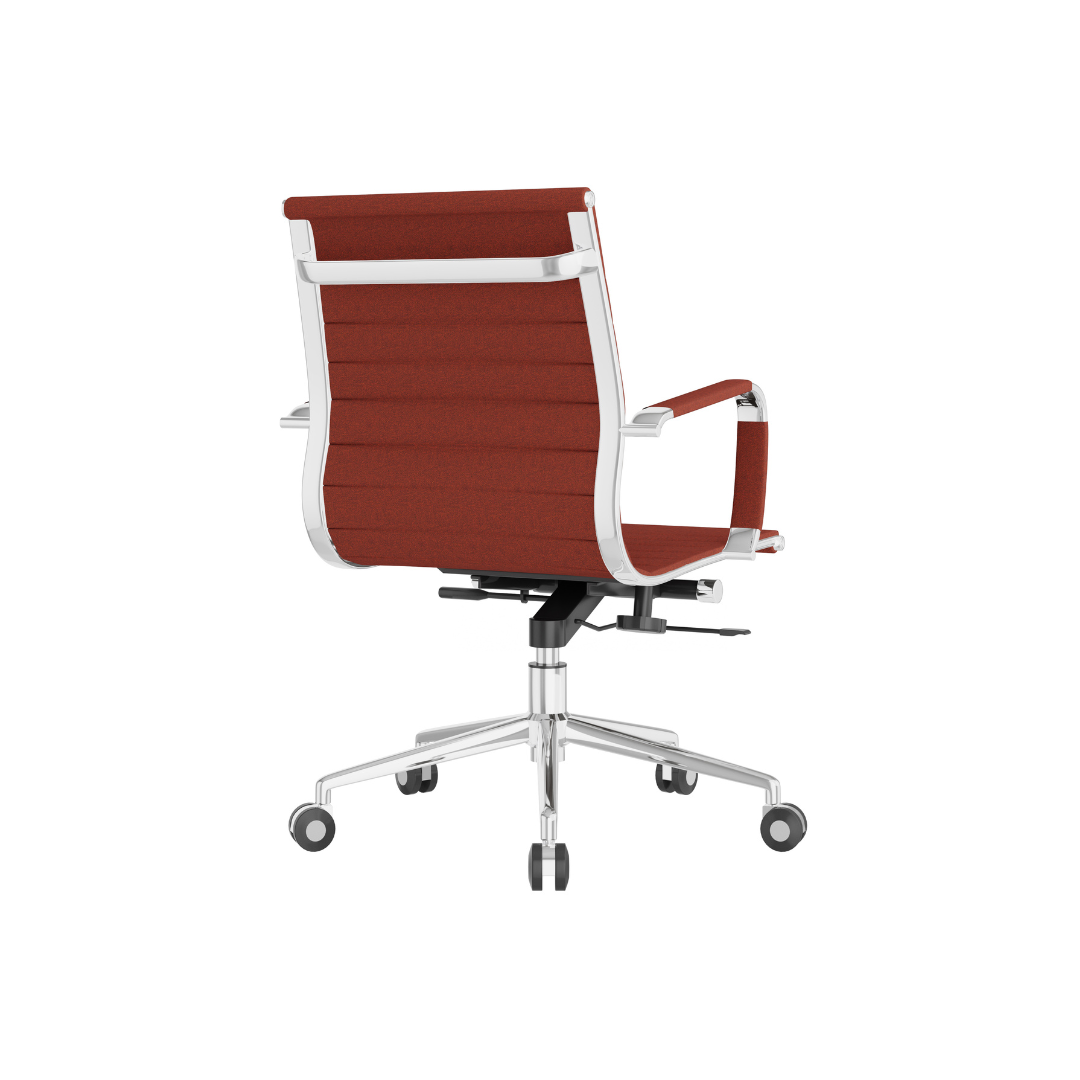 Contemporary red conference chair with upholstered backrest, polished base, and modern workplace styling
