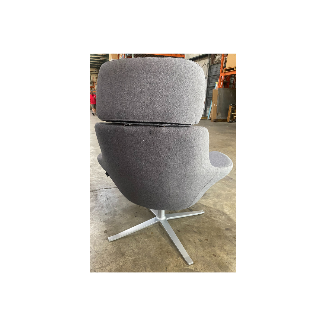 Coalesse lounge chair by Steelcase in gray commercial upholstery with aluminum X-base and matching footrest