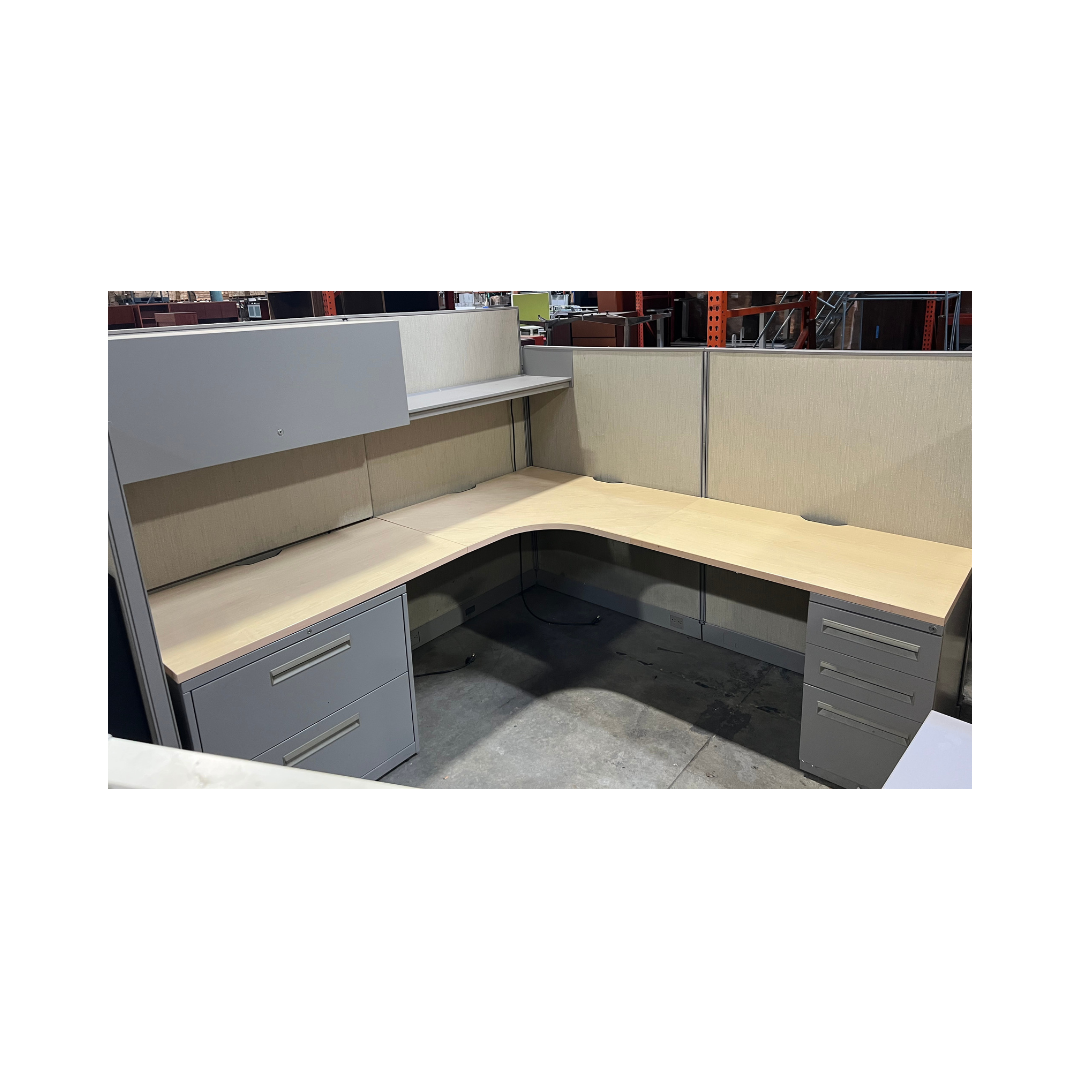 Light maple L-shaped cubicle workstation with gray metal pedestals