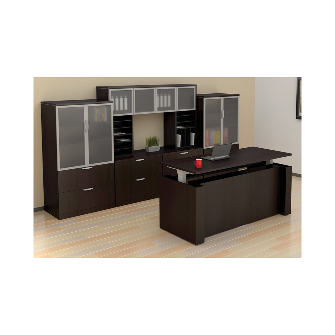 Height adjustable executive office desk with clean lines