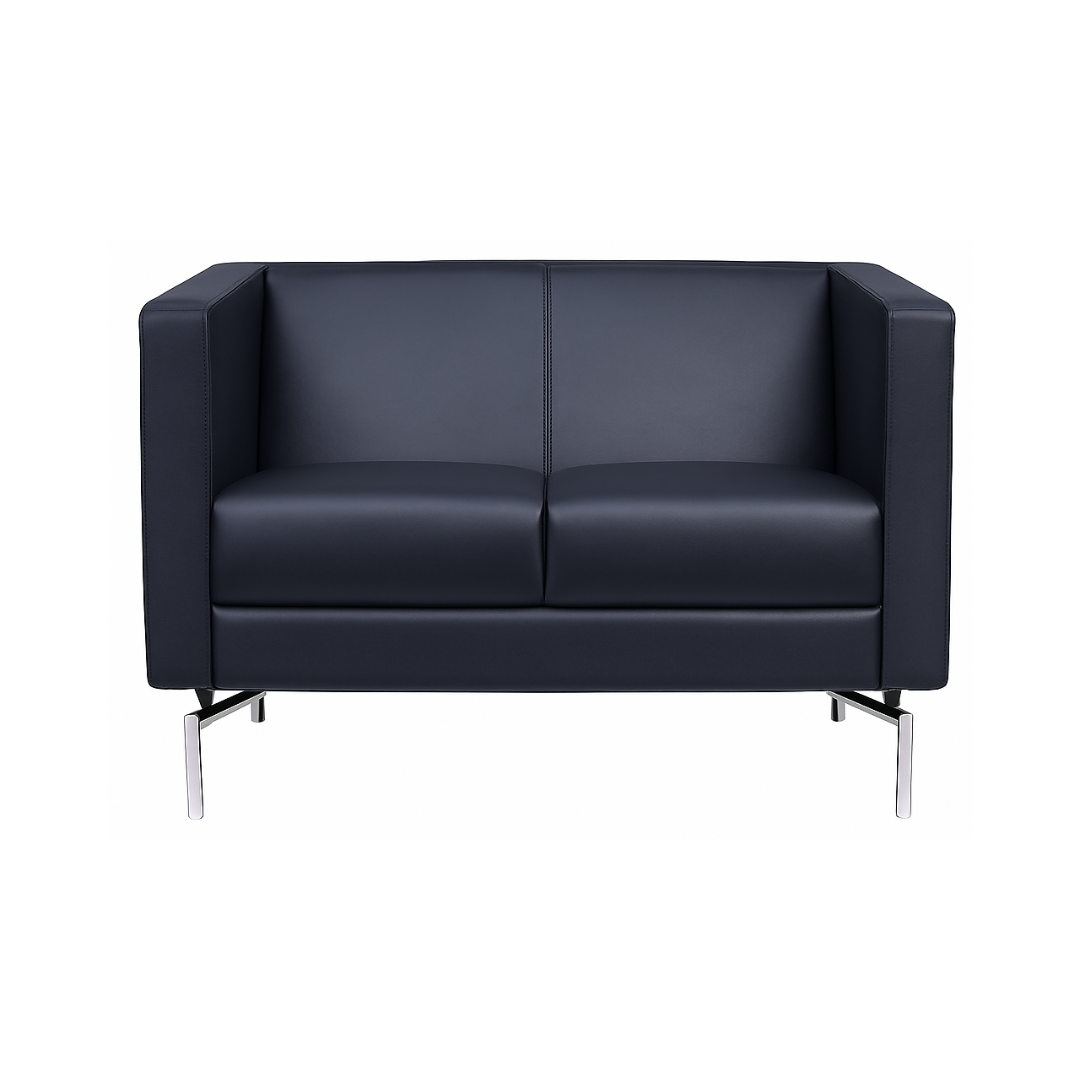 Modern black vinyl loveseat with clean square arms and chrome legs