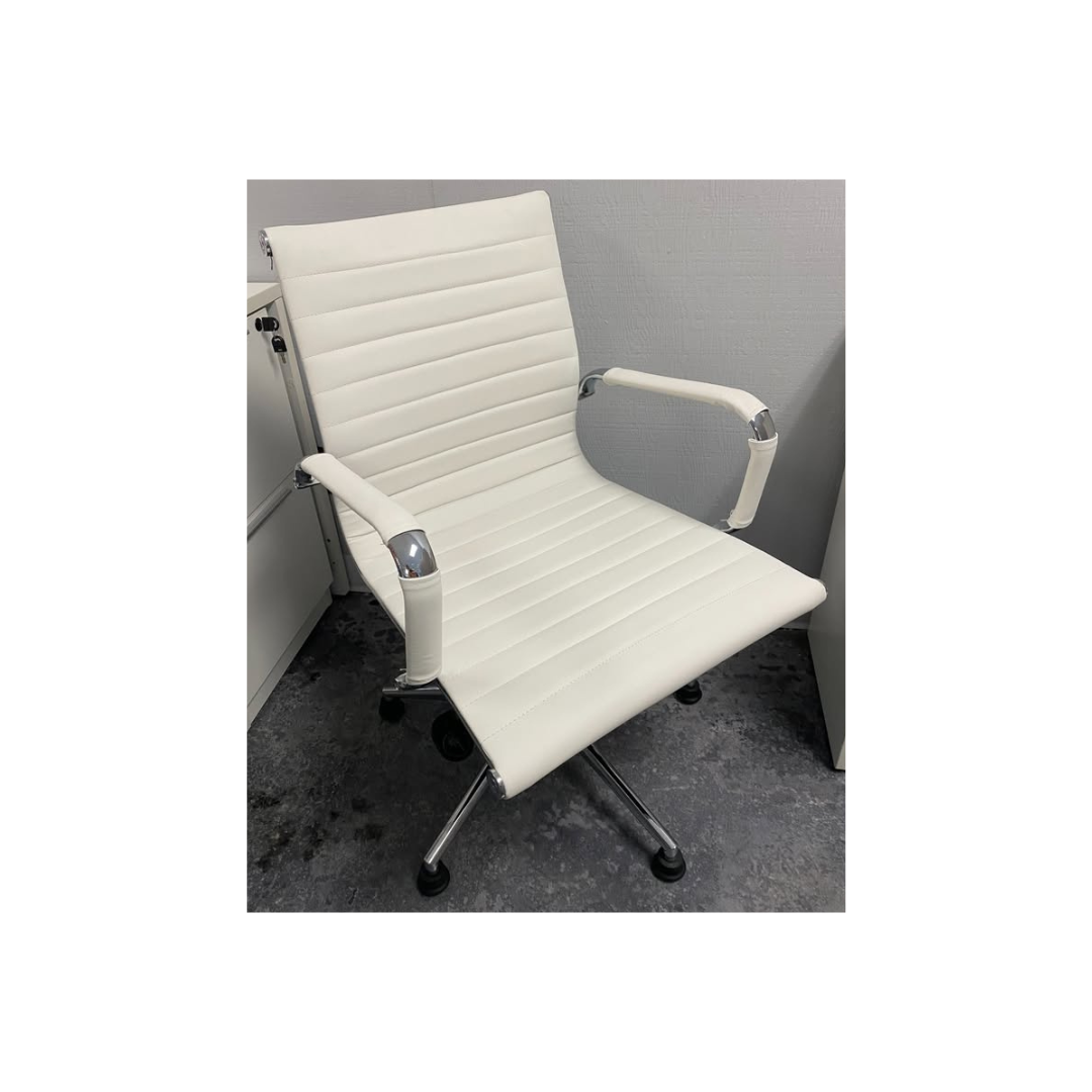White ribbed mid-back office chair with contemporary styling at a Morrisville, NC furniture showroom.