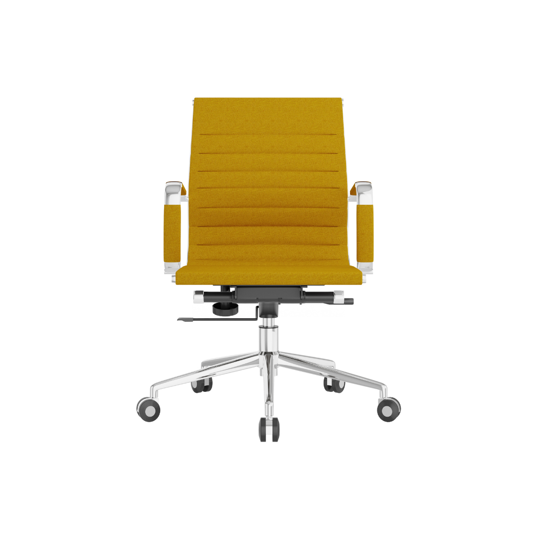 Mustard yellow office chair with upholstered seat and back, aluminum base, and adjustable armrests