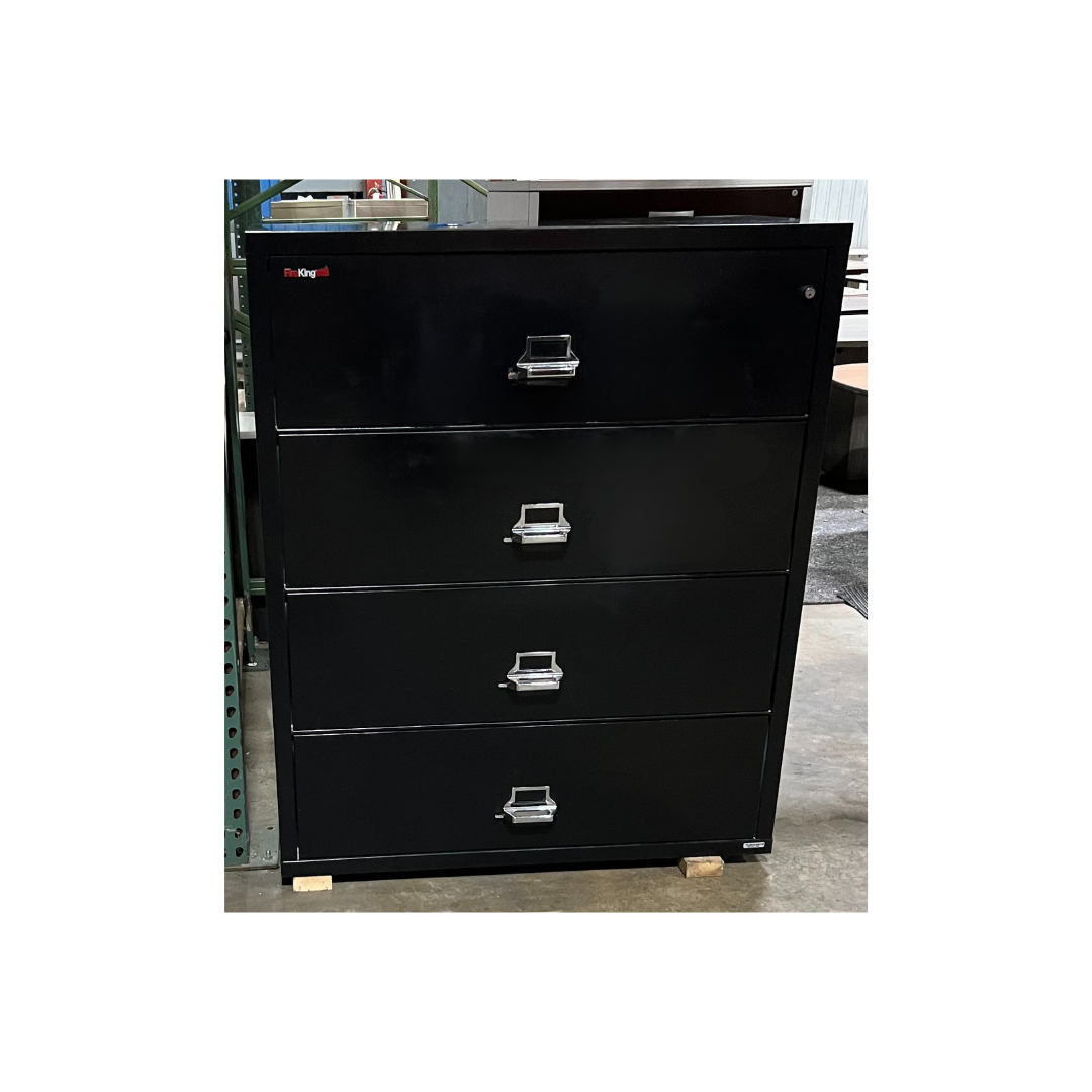 Front view of black FireKing four drawer lateral file cabinet with label holders and chrome handles