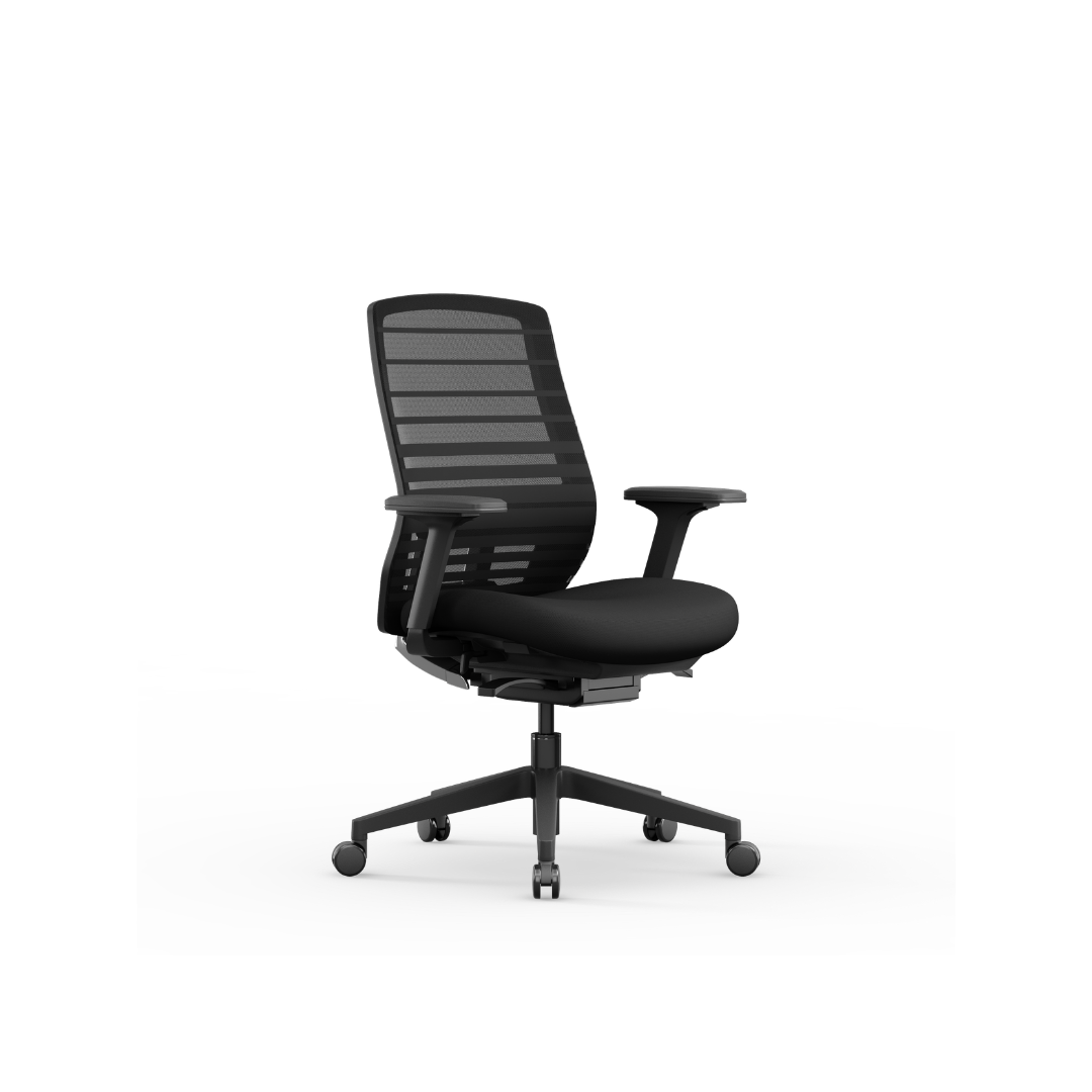 Scout task chair in black with breathable mesh back, seat depth adjustment, and tilt lock for all day office comfort.