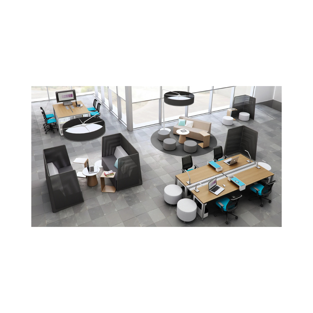 Modern office environment featuring Steelcase Campfire Screens defining semi-private lounge and meeting areas
