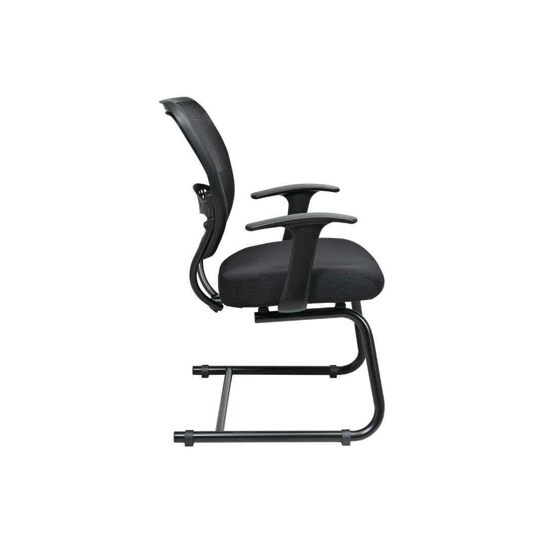 Ergonomic visitor chair featuring breathable mesh back and curved black frame