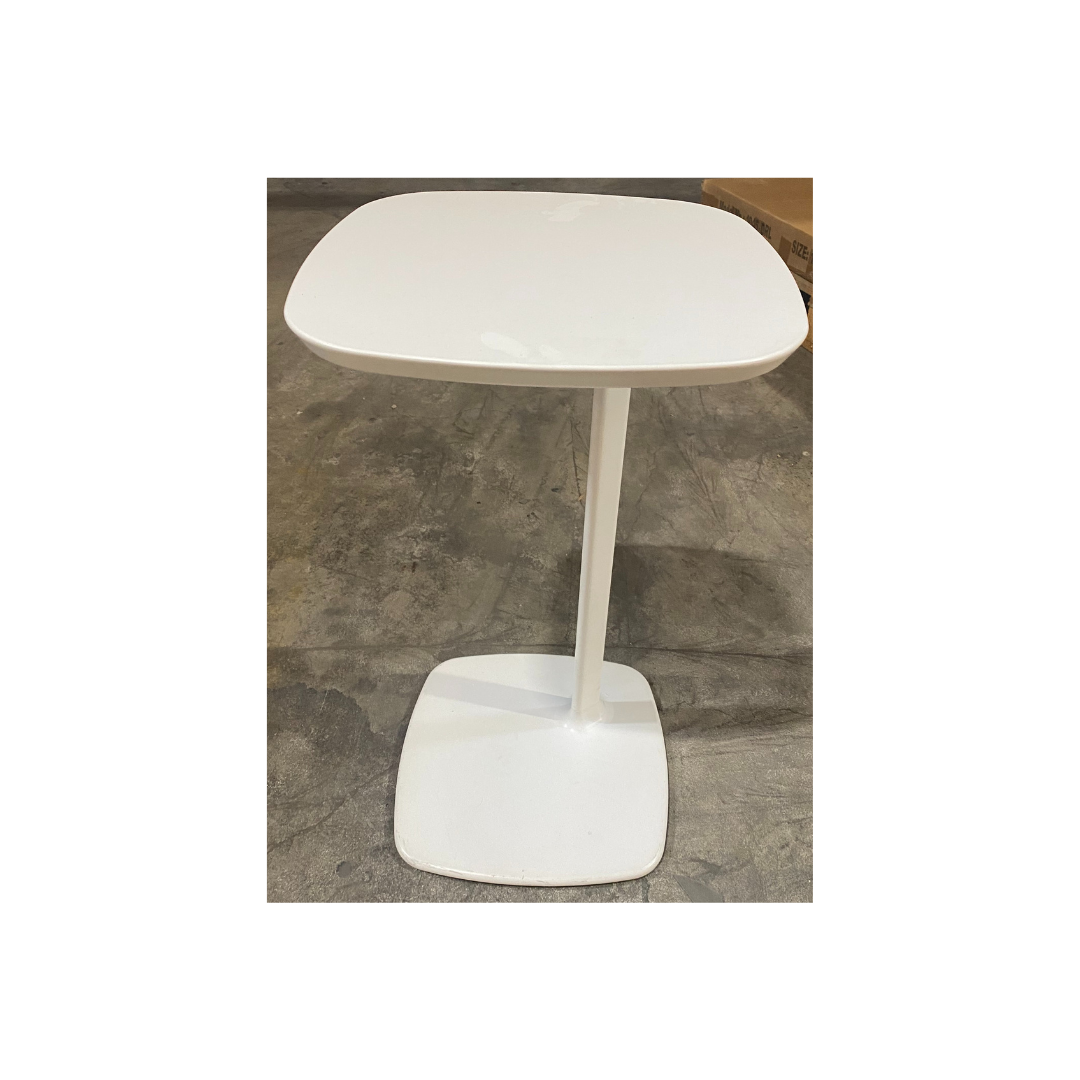 White Allermuir host table with a rounded square top and slim pedestal base