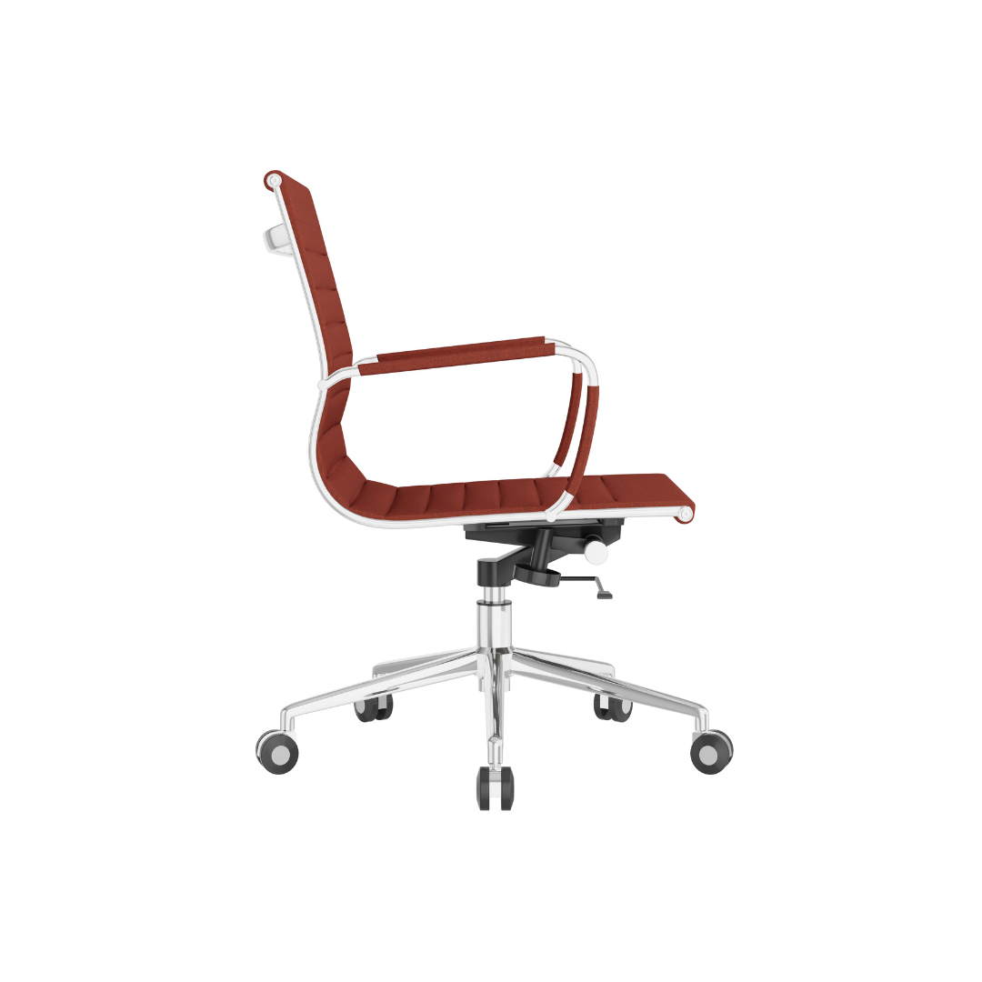 Terracotta fabric office chair featuring adjustable height, aluminum frame, and comfortable ergonomic seating