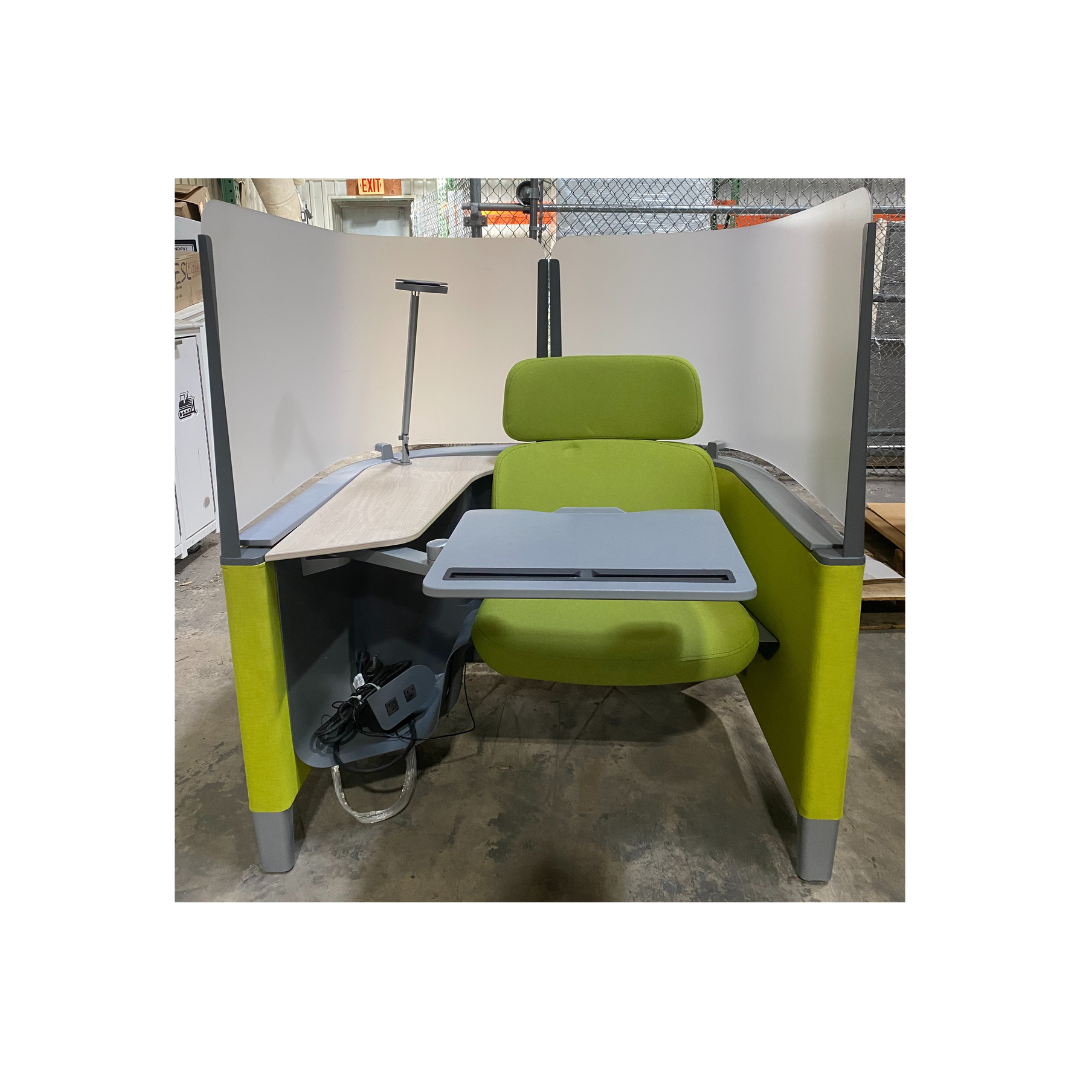Pre-owned Steelcase Brody Work Lounge workstation in green fabric with privacy panels, personal work surface, and integrated power. Available in Raleigh, NC at Dynamic Office services