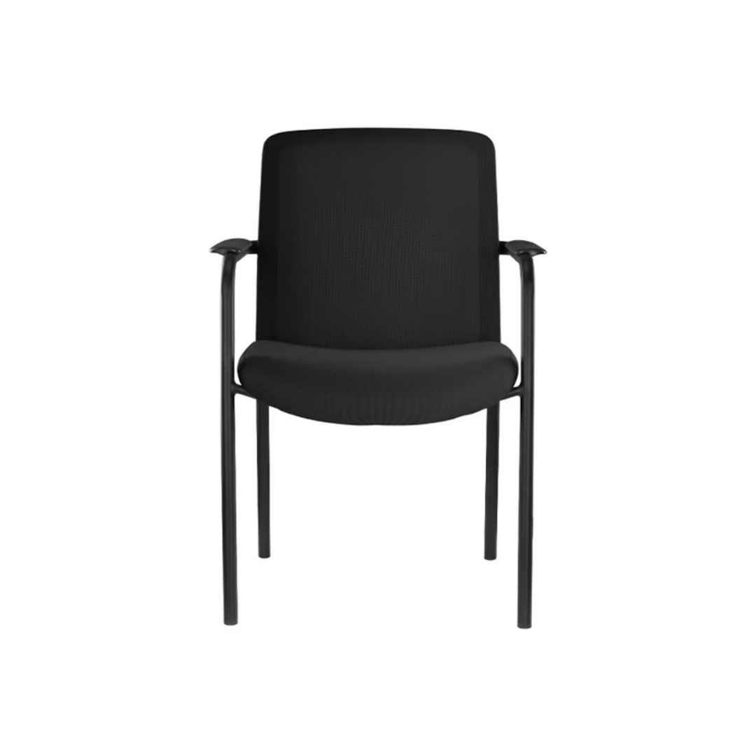 Modern black mesh guest chair with arms and upholstered seat for office use in Raleigh, NC