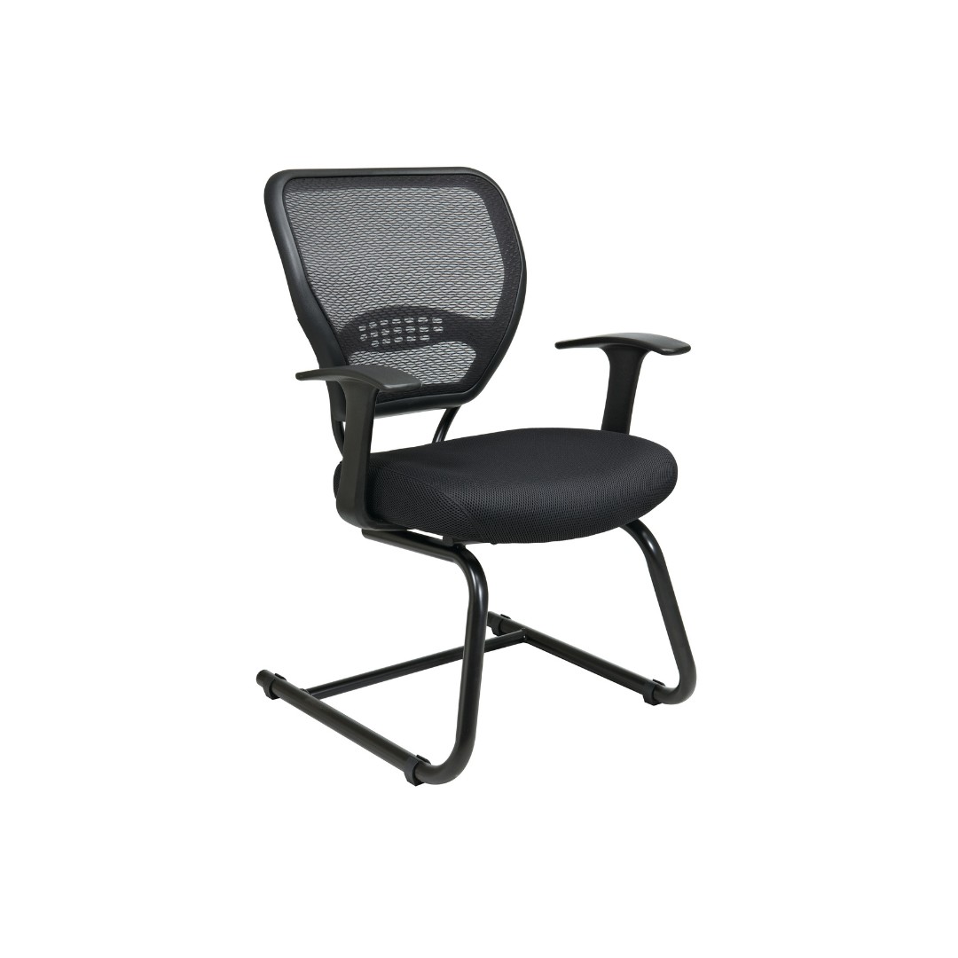 Black mesh guest chair with cushioned seat and sled base for office or conference seating