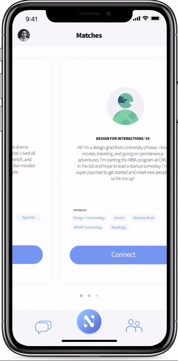 Matching attempts to initiate relationships between international and American students on the Naya platform and remove implicit bias in these connections. Through a nameless and faceless matching system, students connect based on their interests, not stereotypes.
