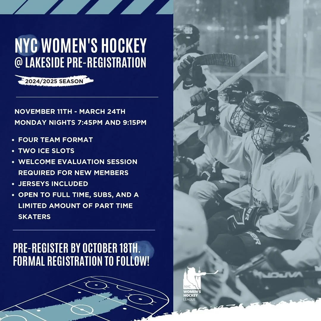 Happy hockey! We are set to resume our league this upcoming season at LeFrak Lakeside @ Prospect Park on Monday nights at 7:45pm and 9:15pm from November 11th until mid to late March. We&rsquo;re requiring skaters to pre-register to help us better ex
