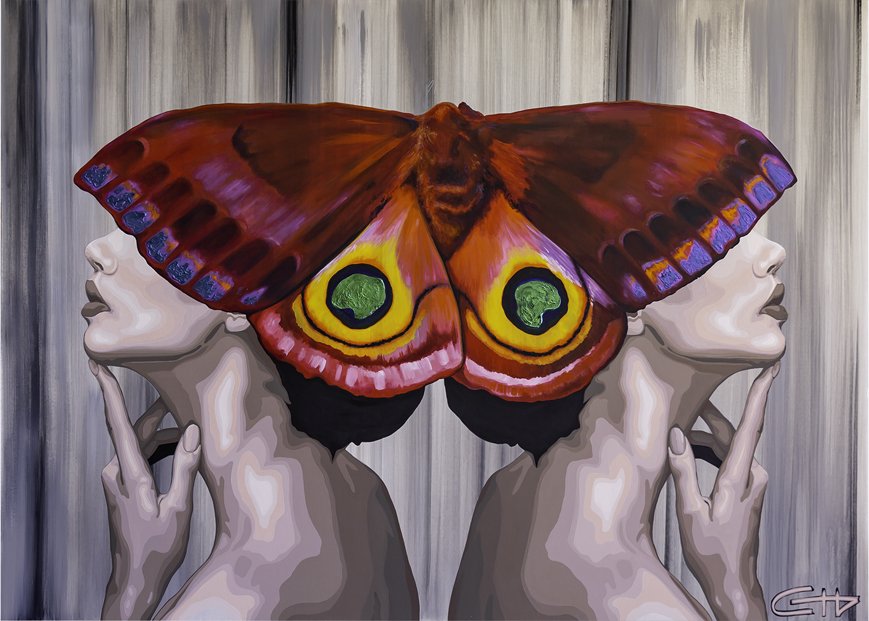 Reflection mirror ladies moth painting by artist Casey Lynn Hancock