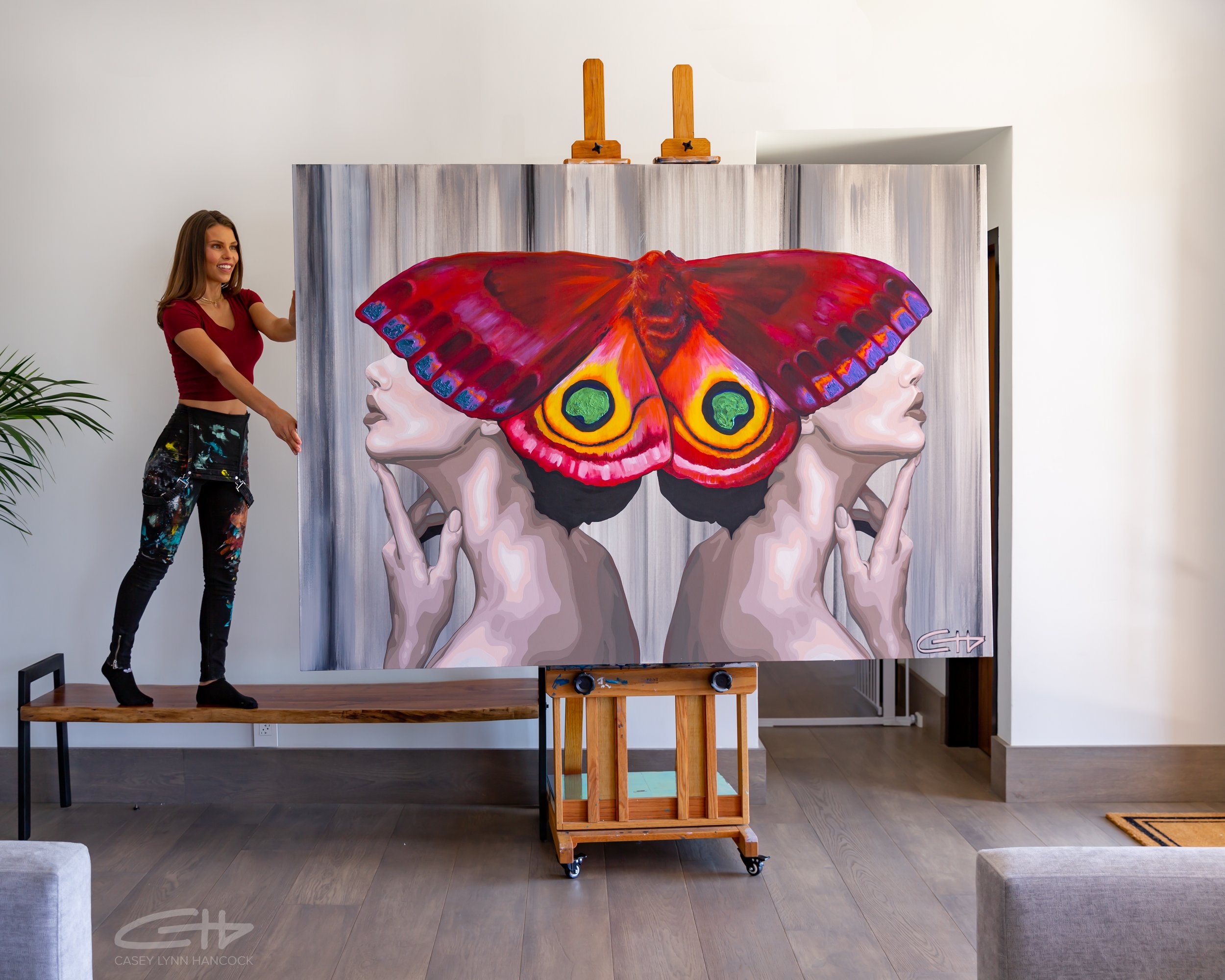 Reflection mirror ladies moth painting by artist Casey Lynn Hancock caseypaintings