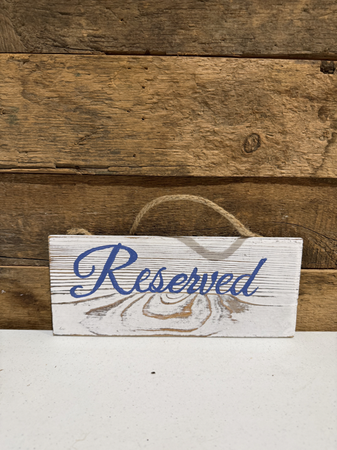 "Reserved" White with Blue Script Seat Sign
