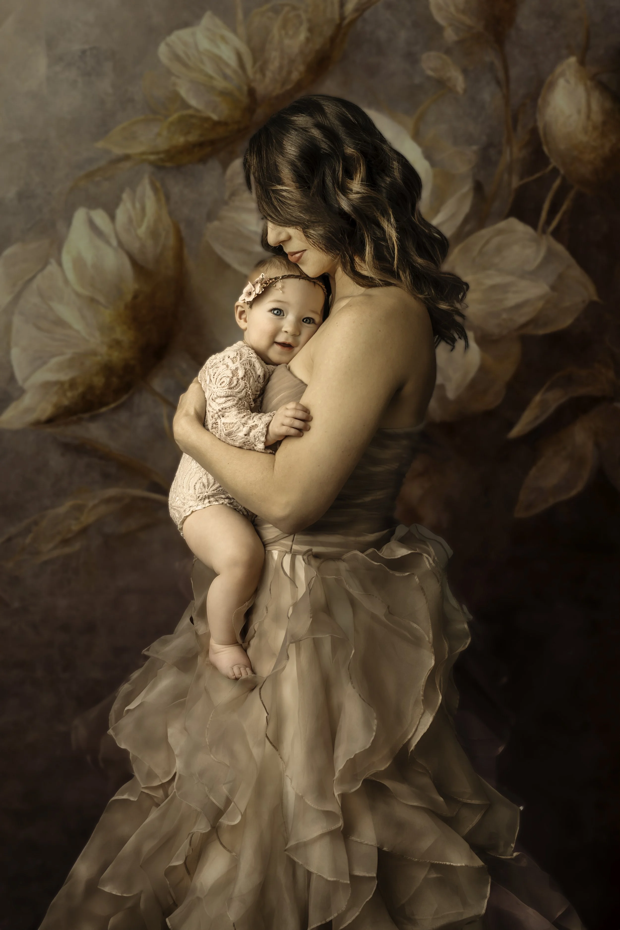 Mother and Baby with Flower backdrop in Weyburn Studio