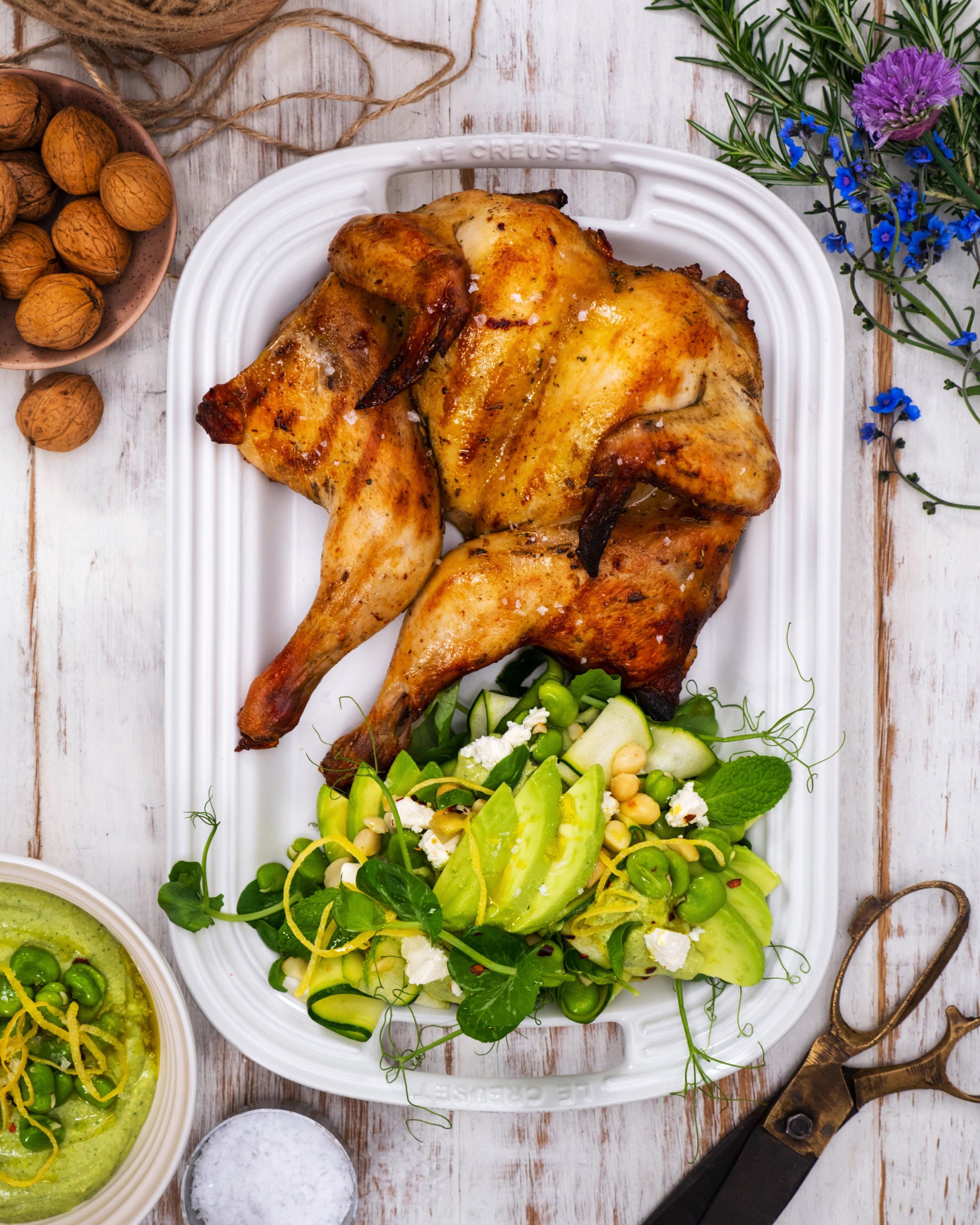 Butterflied Chicken with Avocado &amp; Macadamia Salad