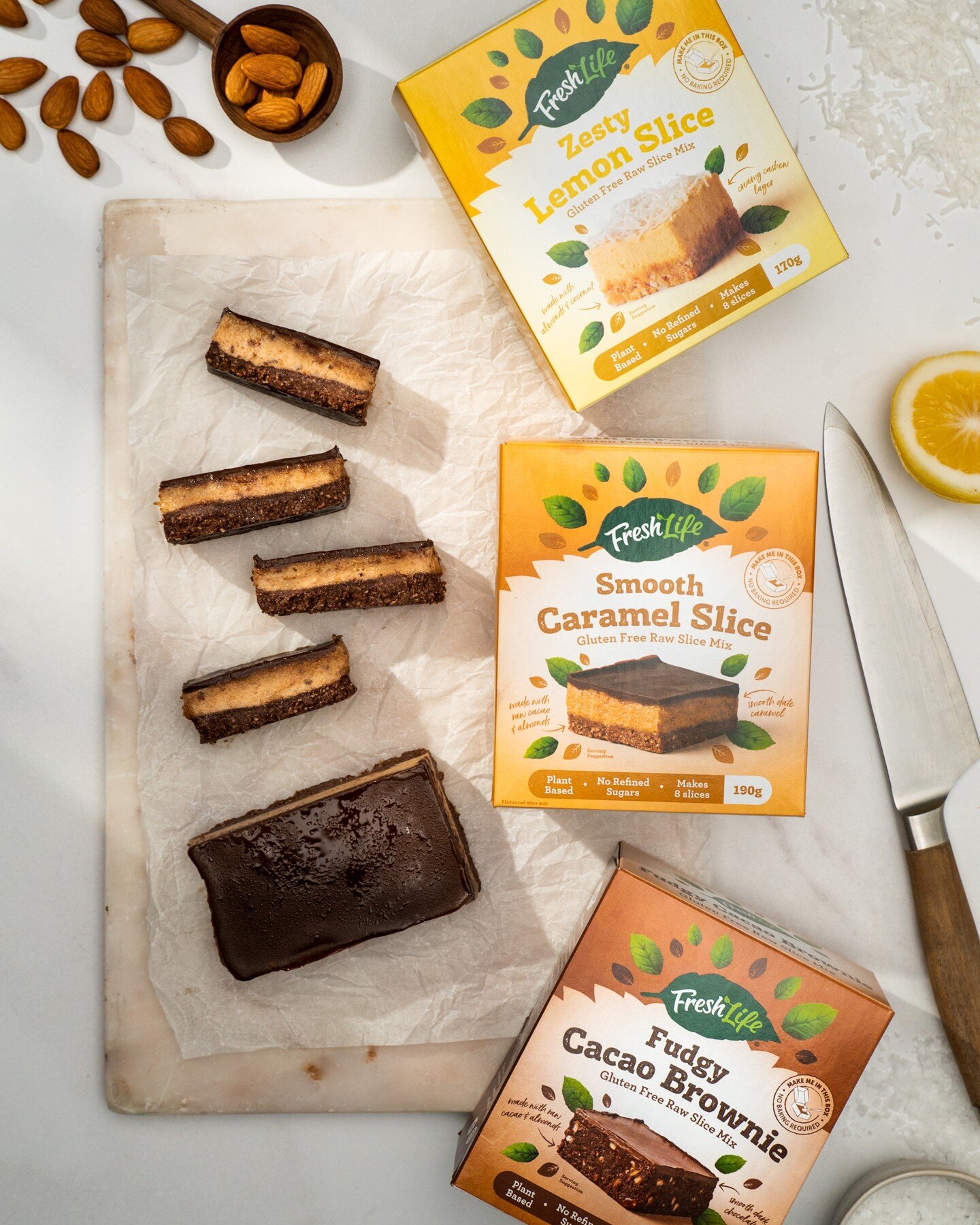 NEW Raw Slice Mixes! 
* Your perfect guilt free treat.
* 3 flavours
* Gluten &amp; Refined Sugar Free
* Plant Based
* Less than 200 cals per serve

Just add some coconut oil (we love @olivado_oils) &amp; a lemon (for the Zesty Lemon Slice). You can a