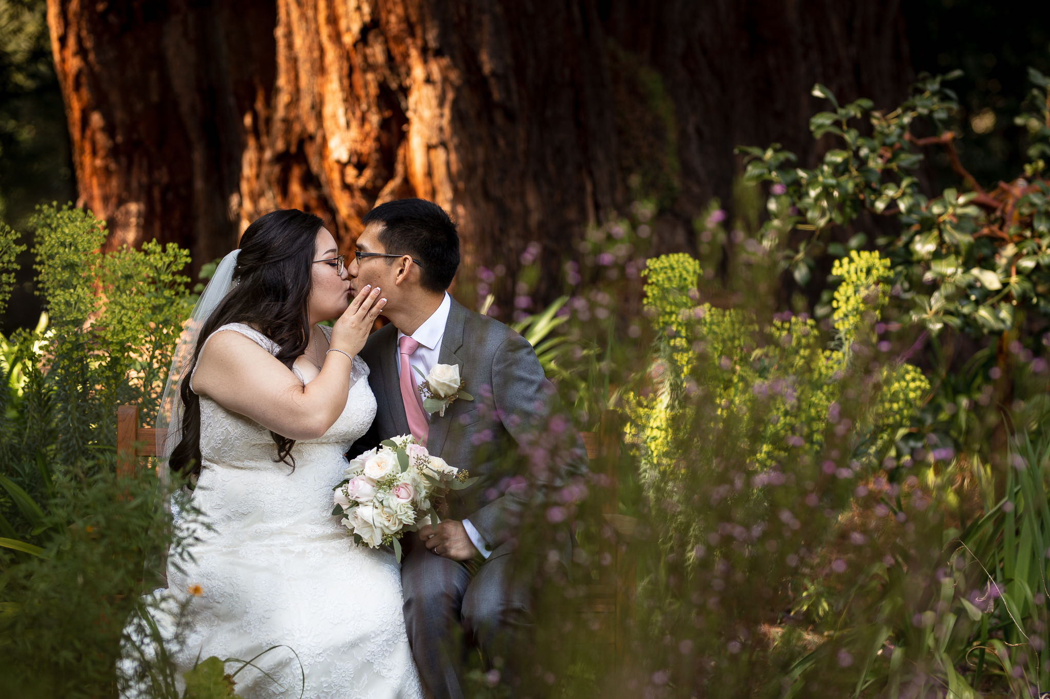Just outside of Valley Presbyterian Church are tall red wood trees and a nice little garden, which was great for some intimate portraits of our bride and groom.