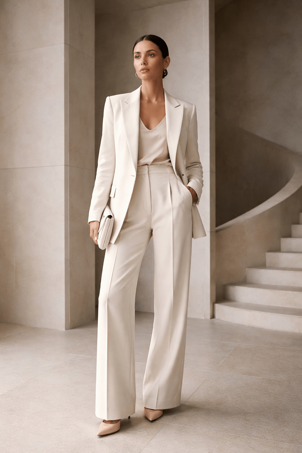 Elegant woman in cream-colored suit.png