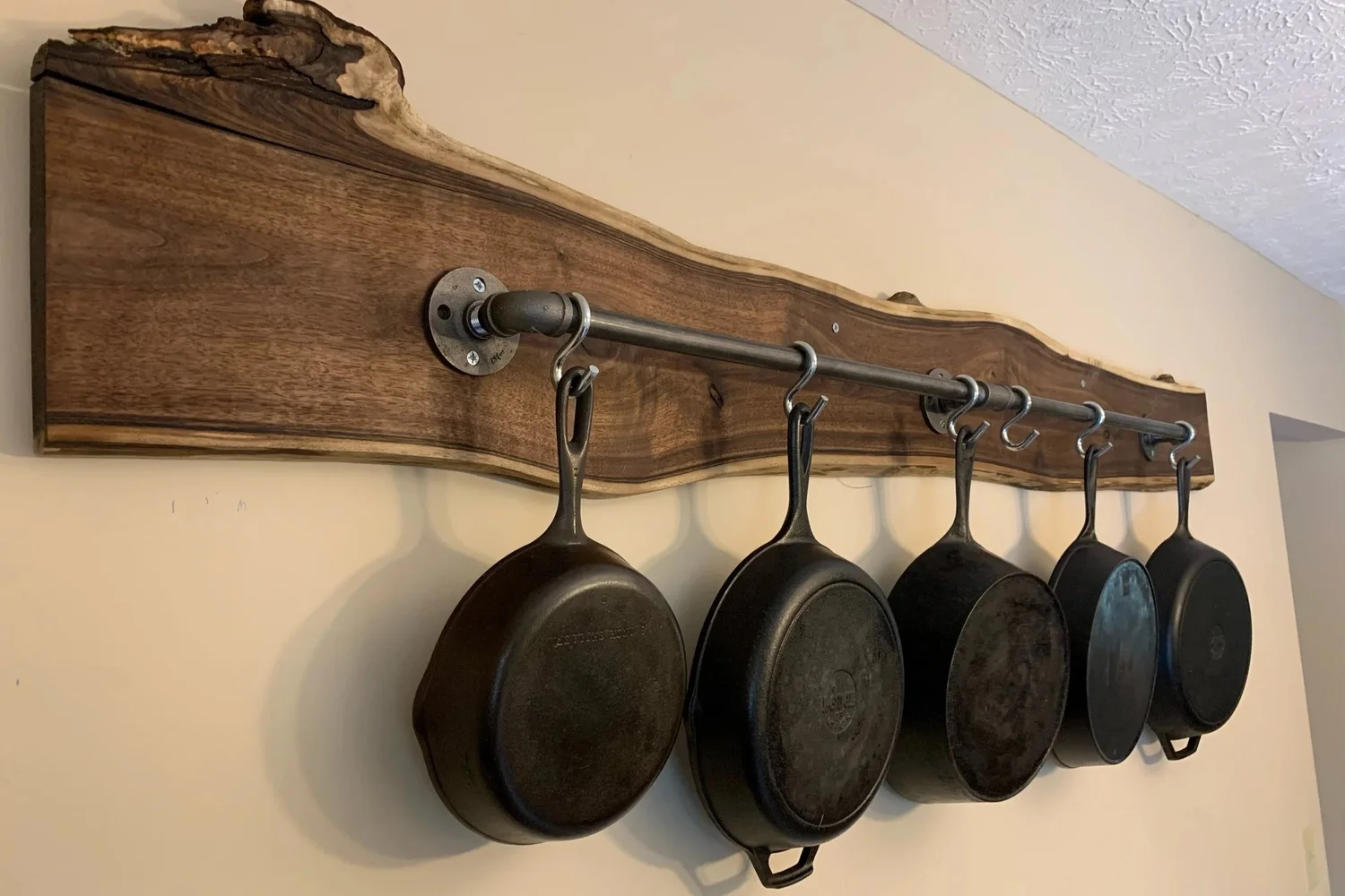 Live edge walnut wall-mounted pot rack