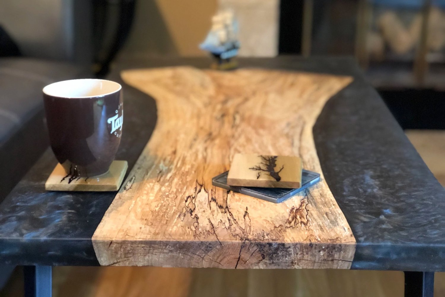 Spalted maple and black epoxy coffee table
