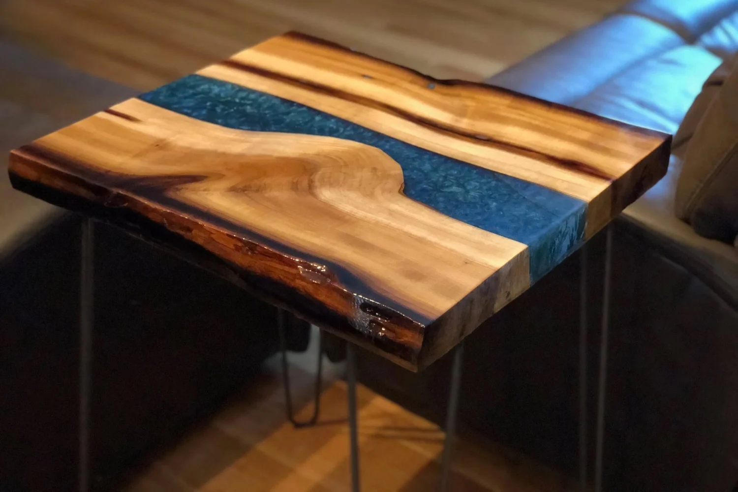 Live edge blue epoxy river end table