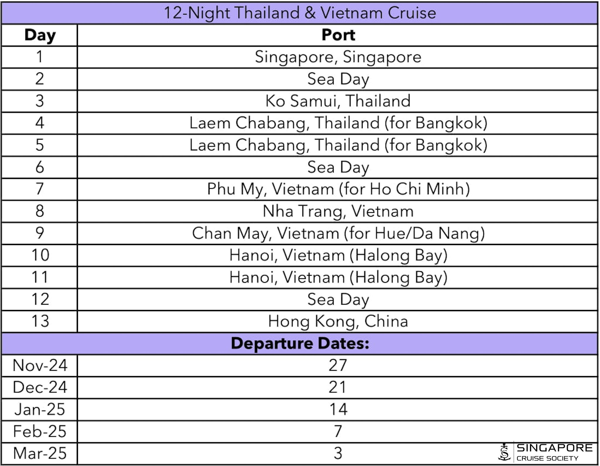   The 21 December 2024 Departure is a Christmas and New Year’s cruise.   PHOTO: SINGAPORE CRUISE SOCIETY  
