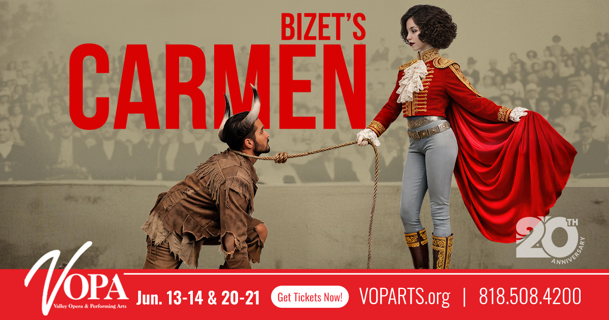 Banner promoting Valley Opera Performing Arts' production of Bizet's Carmen. Image is of woman (Carmen) in cape pulling man (Don Jose) through the bull ring.