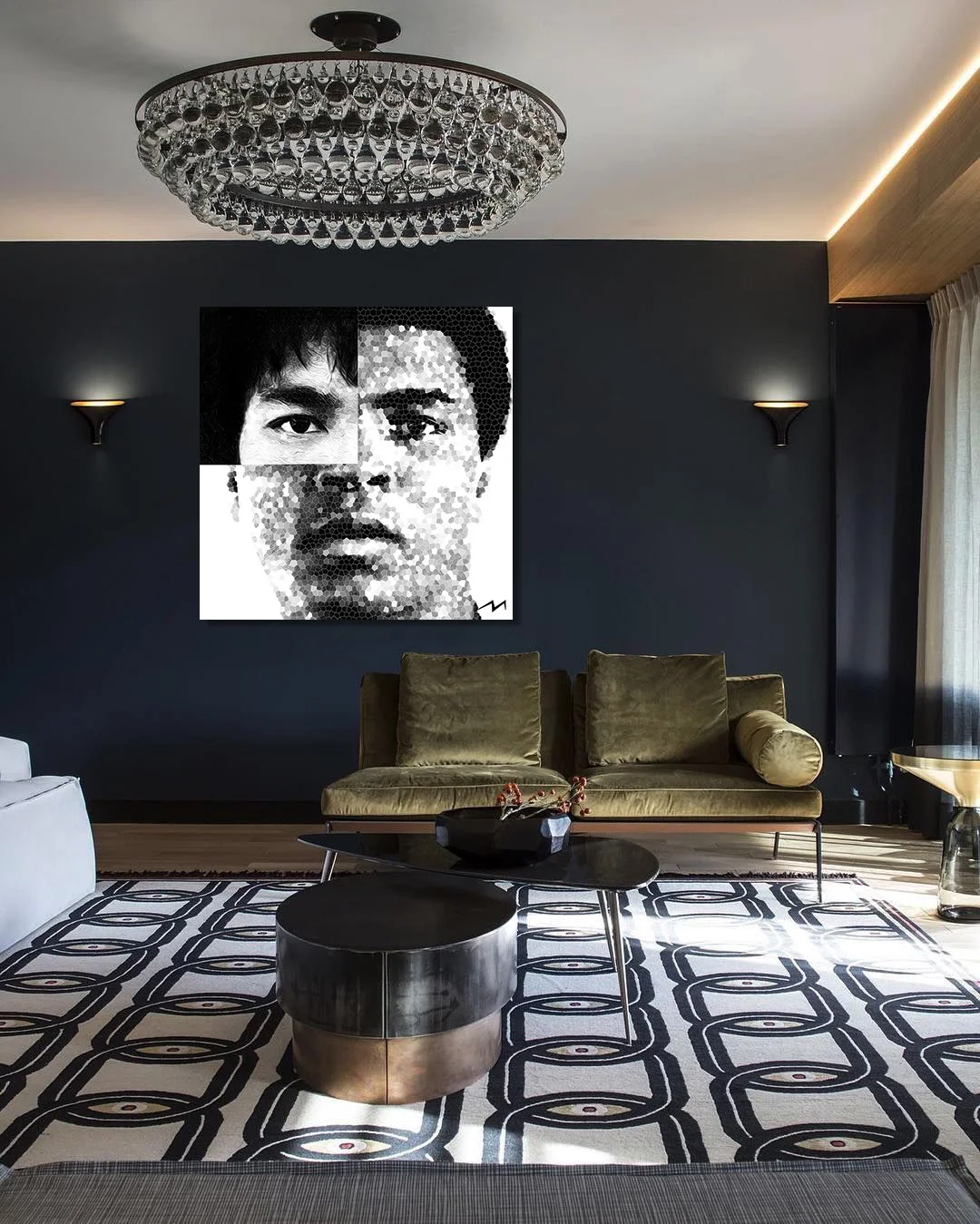 48” x 48” This piece was inspired by a question … Muhammad Ali and Bruce Lee … Two of the greatest fighters in history … Who would win in a fight ?